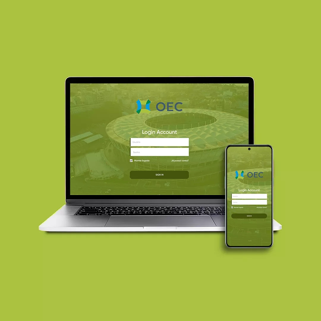 Um notebook junto com um celular, ambos com uma interface de login da empresa OEC caracteristica pela cor verde